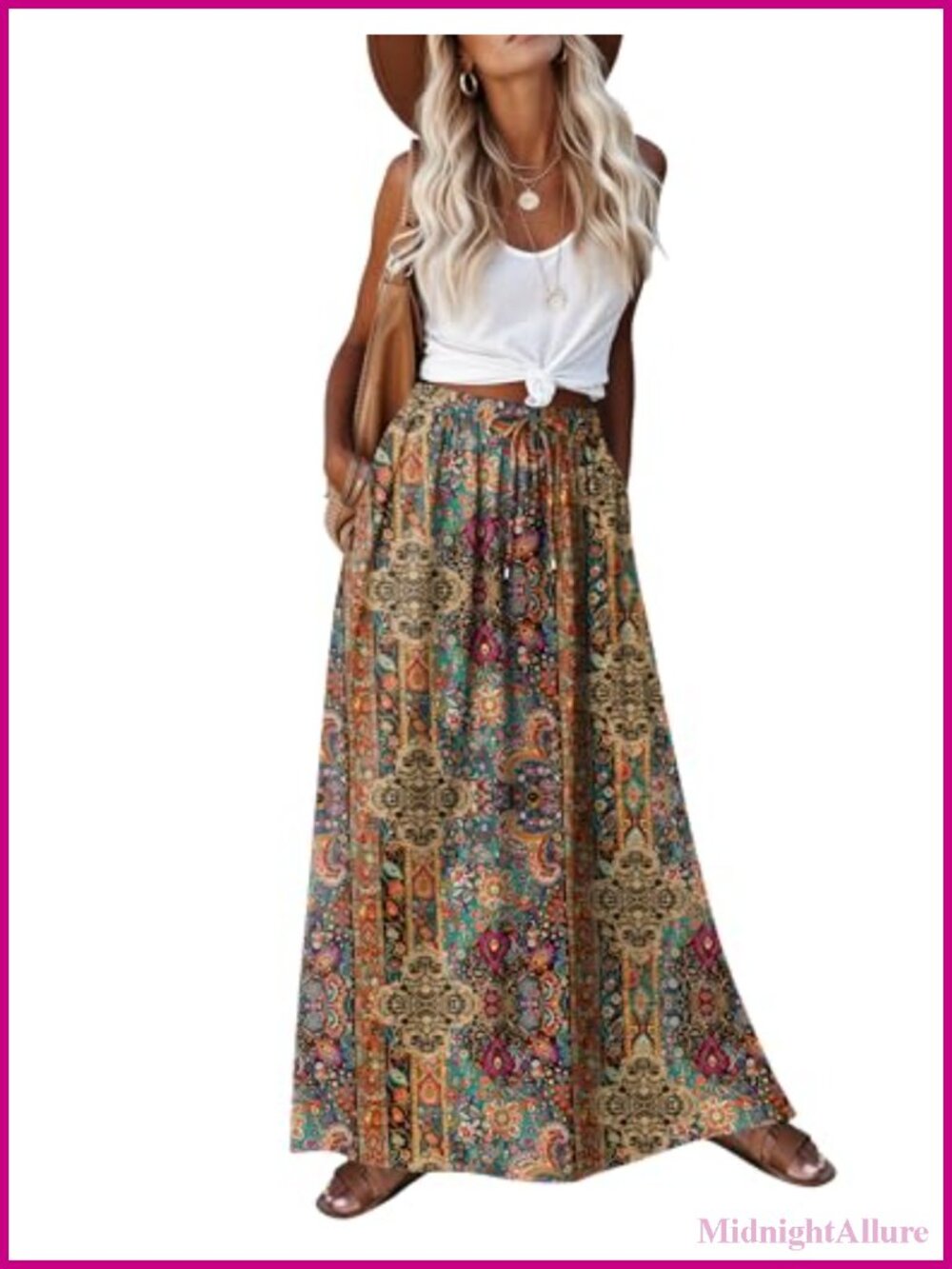 Boho Floral Maxi Skirt High Waist A-Line Long with Pockets